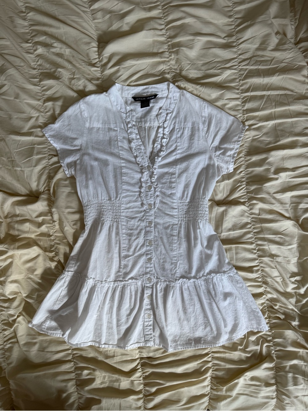 Antilia Femme White Short Sleeve Ruffle Button-Front Babydoll Dress